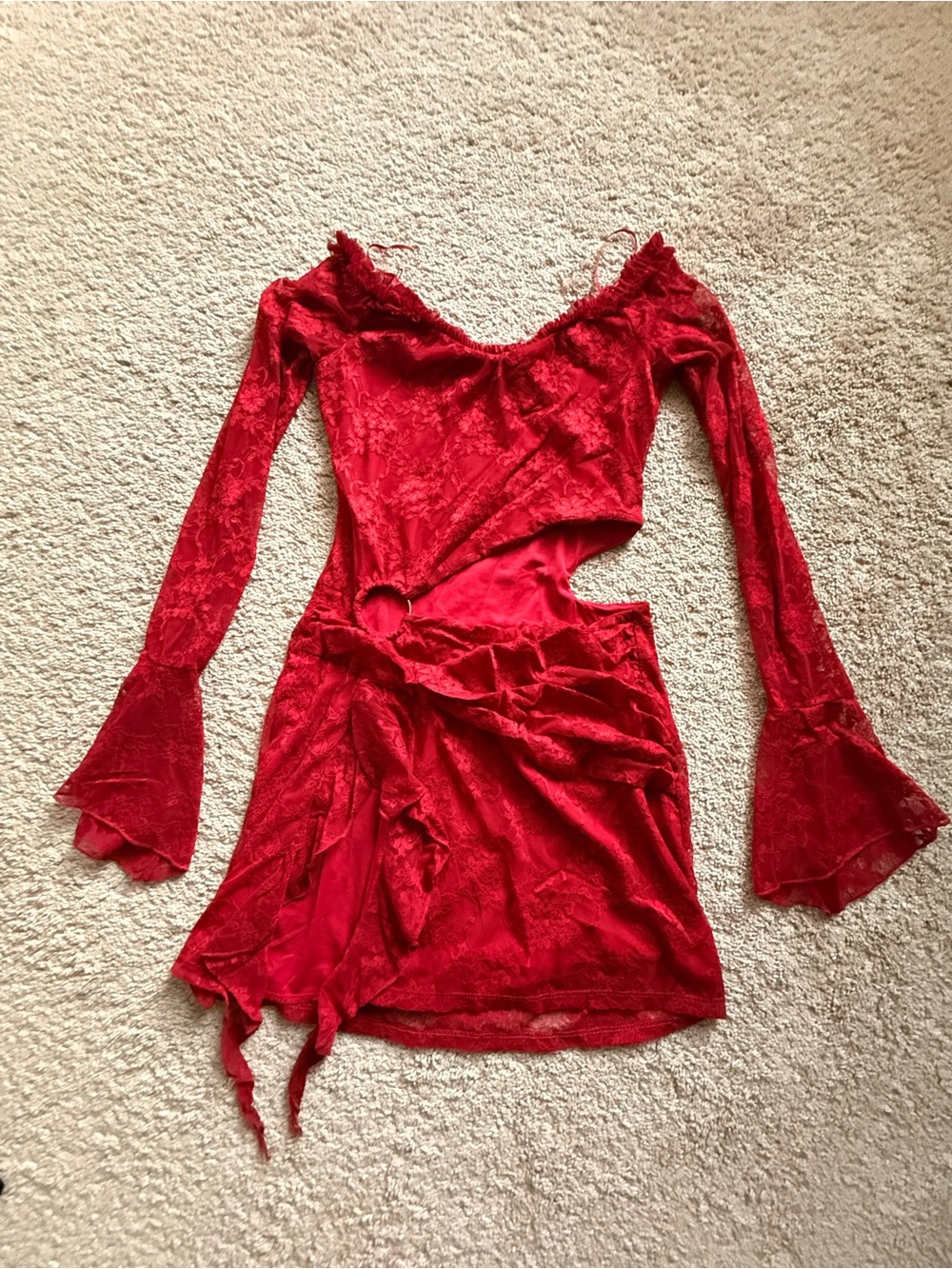Fashion Nova Red Lace Off Shoulder Long-Sleeve Cutout Midi Dress